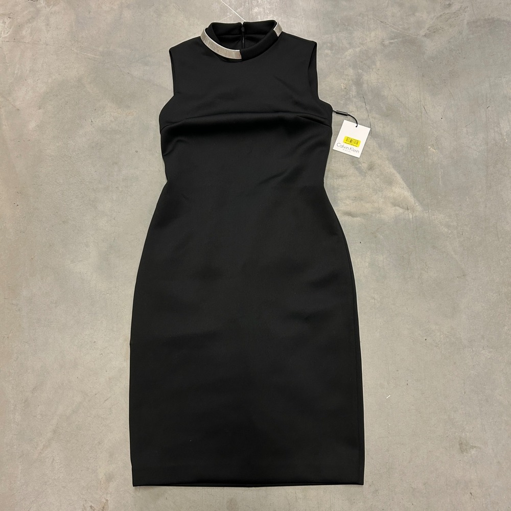 Calvin Klein Womens Black High Neck Metallic Trim Sheath Dress CD7M1X3A Size 2